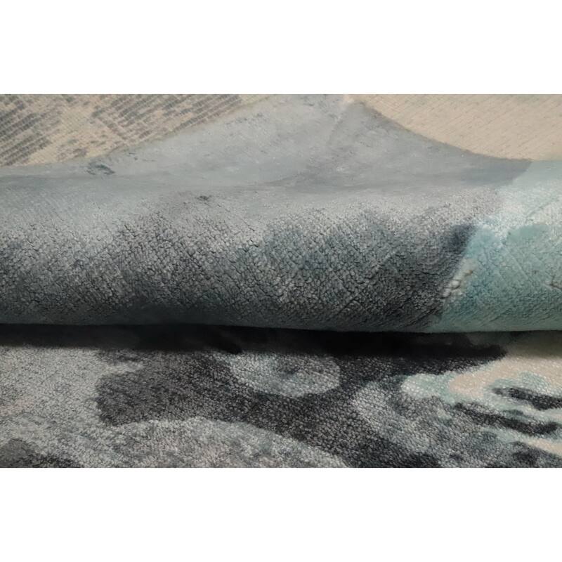 Hand Knotted Oriental Viscose Silk Carpet Modern Pictorial Navy Blue & Blues Abstract Area Rug - 7' 10'' X 5' 9''