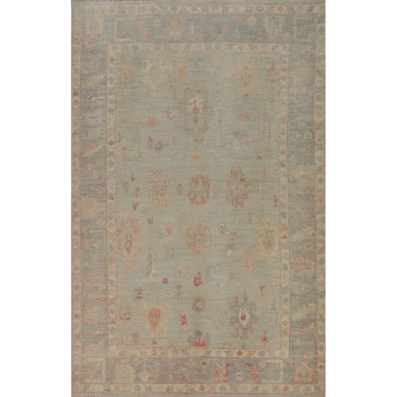 Transitional Blue Oushak Turkish Rug Hand-Knotted Wool Carpet - 5'1"x 8'0"