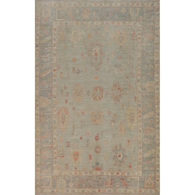 Transitional Blue Oushak Turkish Rug Hand-Knotted Wool Carpet - 5'1"x 8'0"