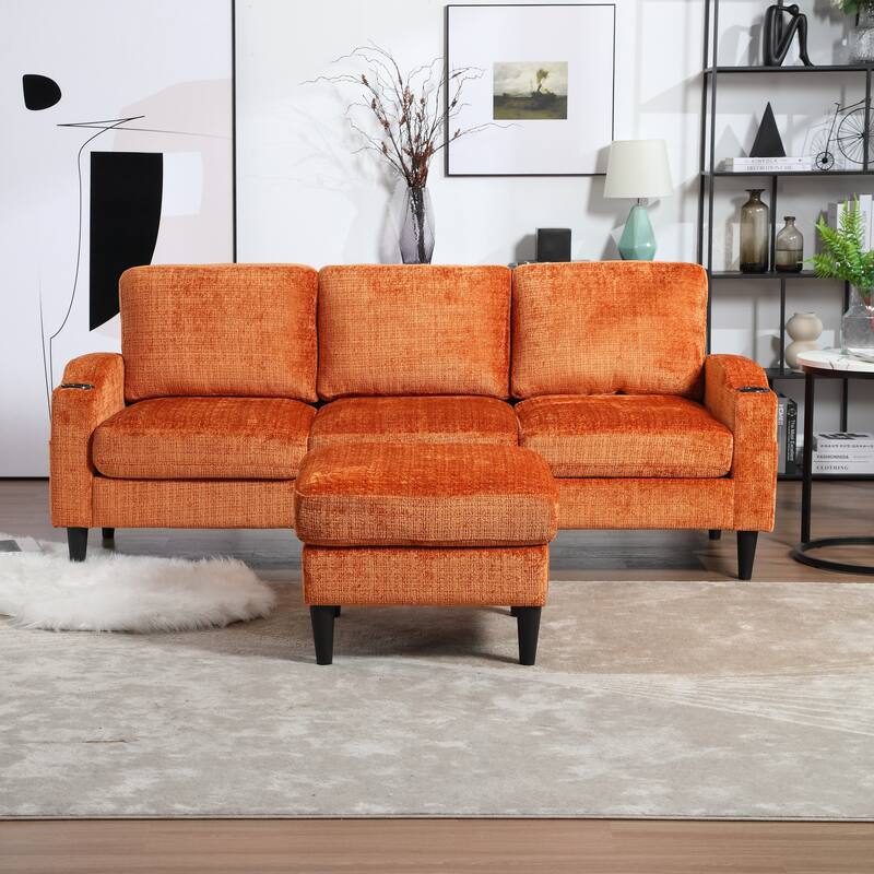 Modular Sectional Sofa with Storage Ottoman, Comfy Chenille Fabric Sofa, 3-Seater Sofa with Side Pockets & 2 Cup Holders