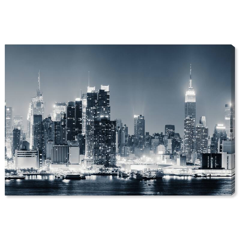 Wynwood Studio Canvas Cities and Skylines Bay at Night Black and Neon White Modern & Contemporary Wall Art Canvas Print