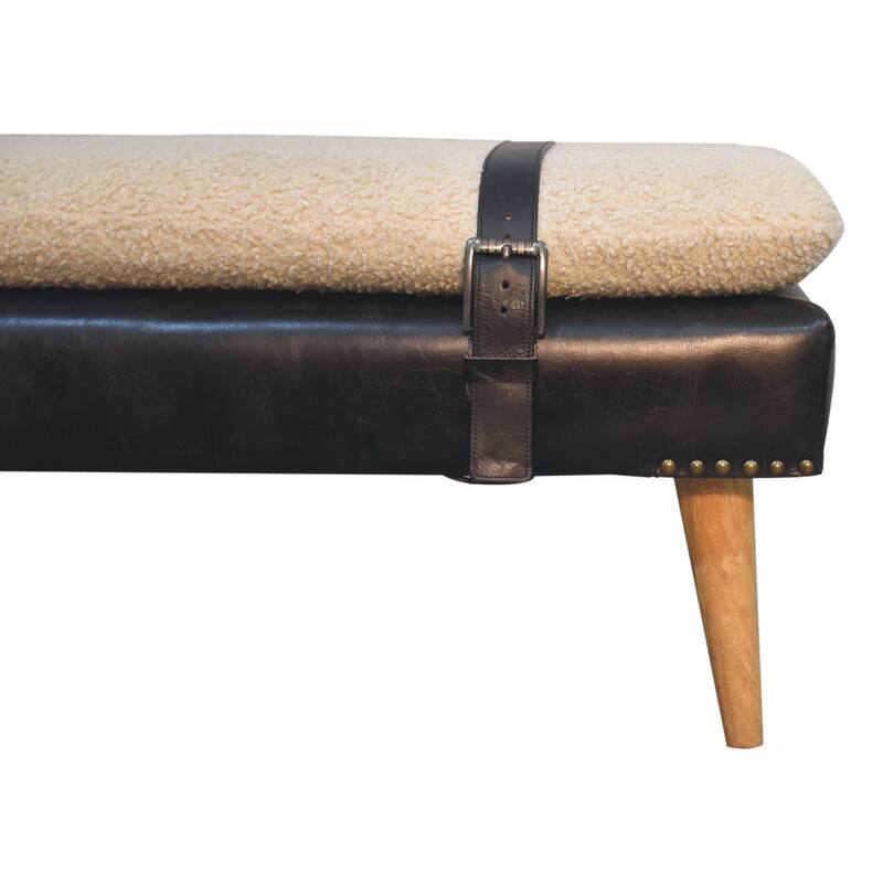 Artisan Furniture Solid Wood Bouclé Buffalo Hide Black Leather Bench