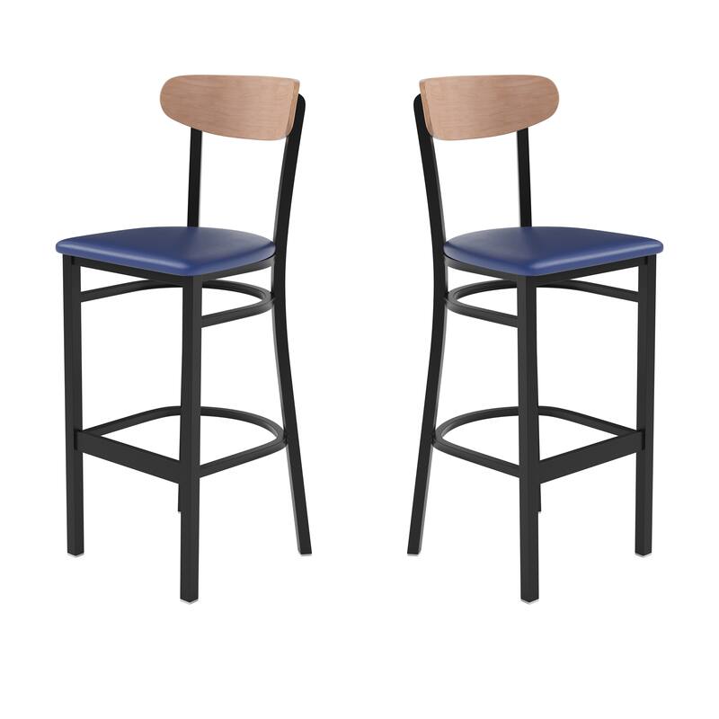 Commercial Metal Barstool with Wood Seat and Boomerang Back