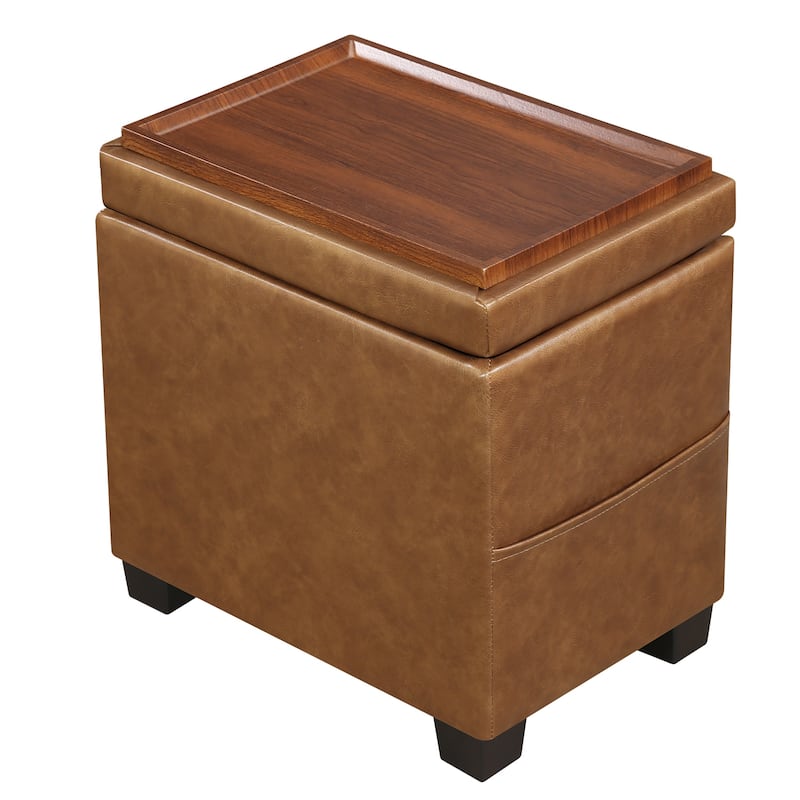 Adeco 16" W Upholstered Rectangle Storage Ottoman with Tray and Pocket
