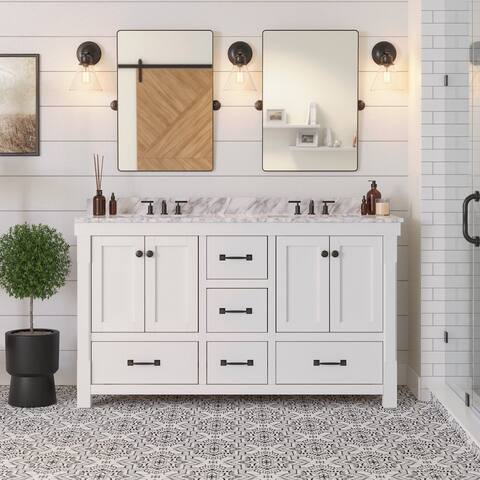 KitchenBathCollection Tuscany 60" Double Bathroom Vanity with Carrara Marble Top