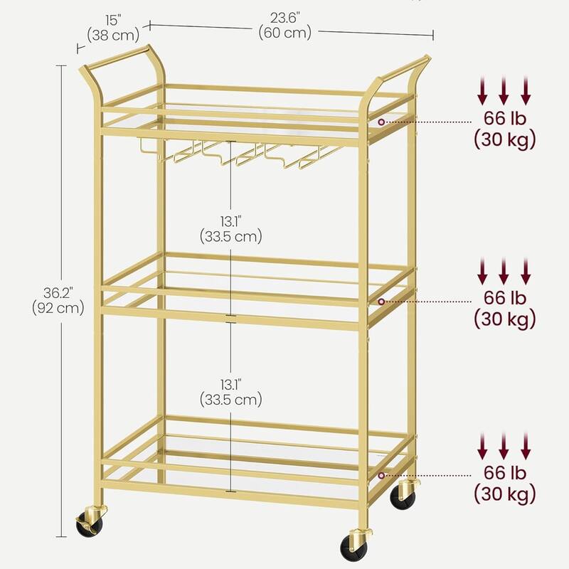 Home Bar Serving Cart with 3-Tier Shelf, Wine Holders, Glass Holders