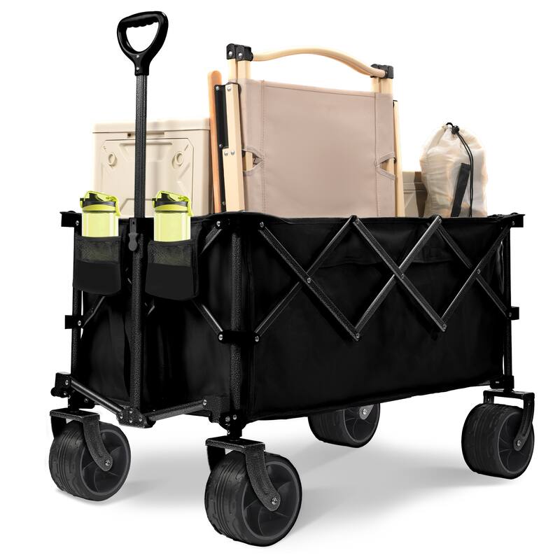 400L Collapsible Wagon, Folding Wagon Cart , Beach Wagon with Big Wheels, 450LB Heavy Duty Foldable Wagon - Black
