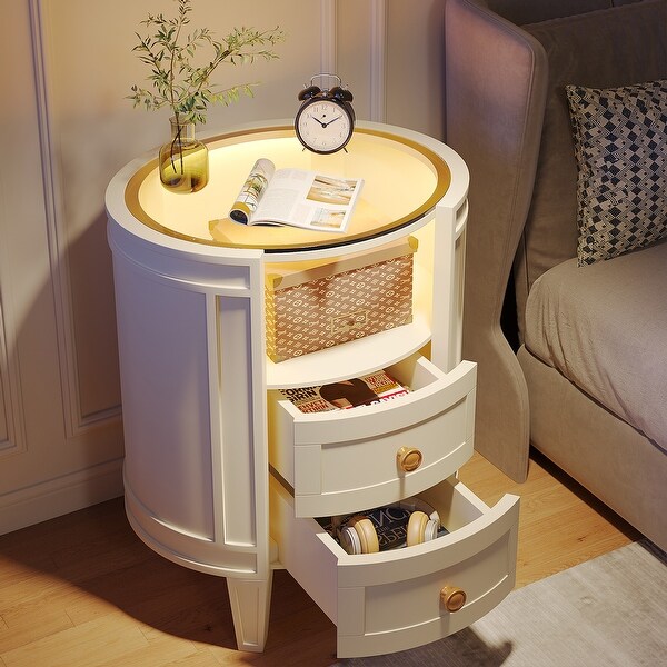 Round LED Bedside Table Nightstand with 2 Drawers and Open Shelf for Bedroom White