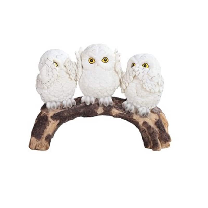 Q-Max 8"W Snowy Owl Standing on Tree Trunk Acting Hear-No, See-No, Speak-No Evil Stacked Owls Garden Patio Decoration