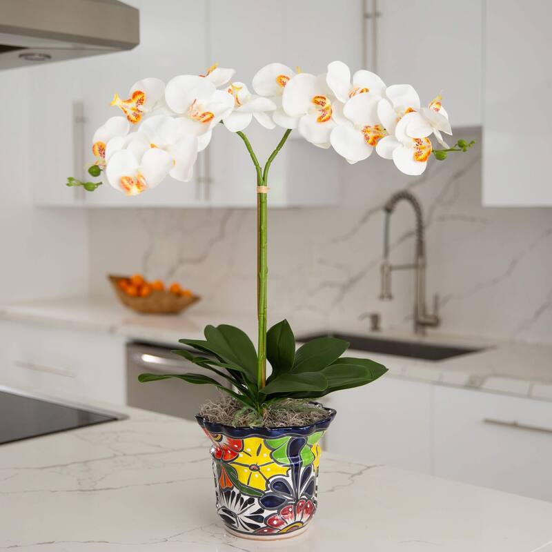 Double Orchid Artificial Floral Arrangement in Mexican Talavera Planter - 26"