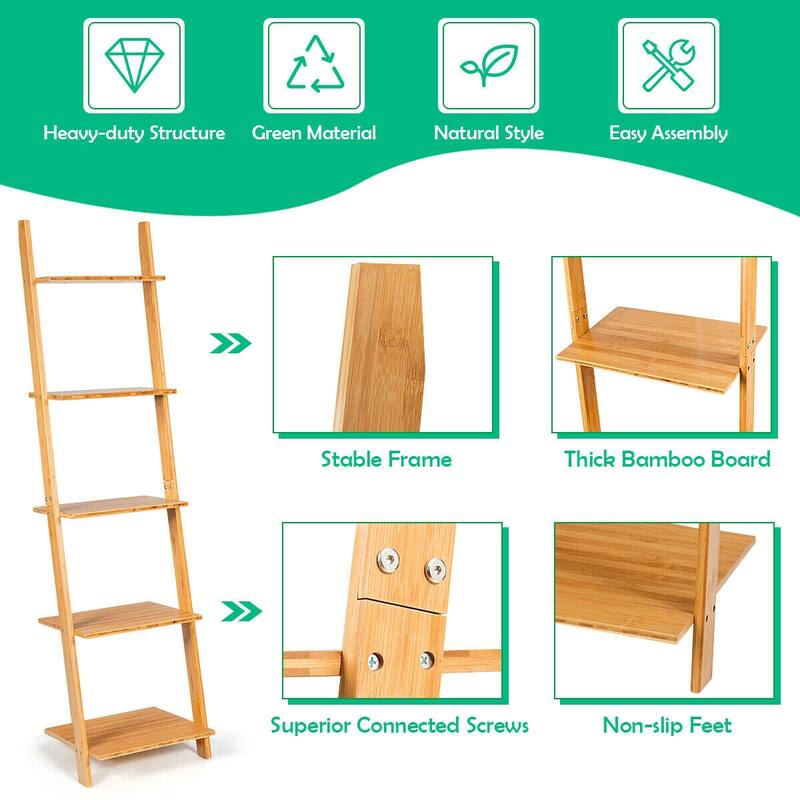 Gymax 5-Tier Ladder Shelf Modern Bamboo Leaning Bookshelf Ladder - See Details