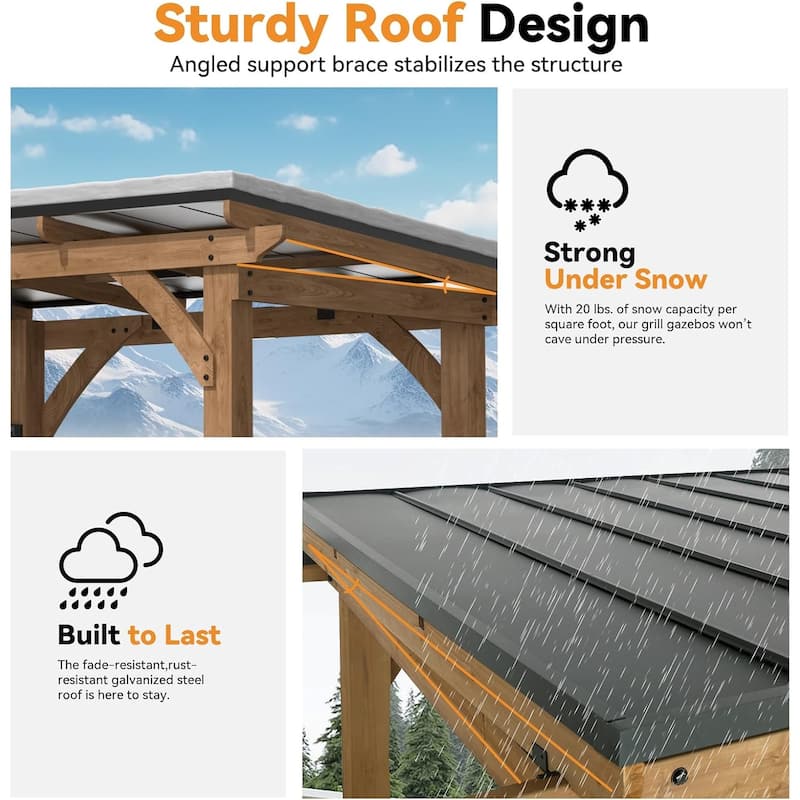 Cedar Wood Gazebo with Shelves and Paper Towel Holder, Patio Pavilion with Galvanized Steel Roof, USB and USB-C Charging Ports