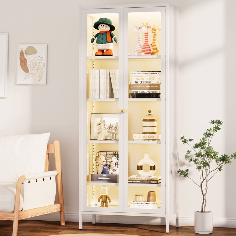 4/5-Tier Glass Curio Display Cabinet with Doors & Adjustable Storage Shelves