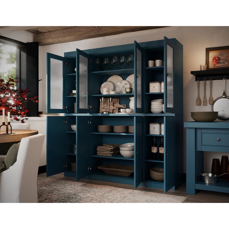 100% Solid Wood 65" Pantry China Cabinet with Solid, Frosted Glass Doors and Adjustable Shelves