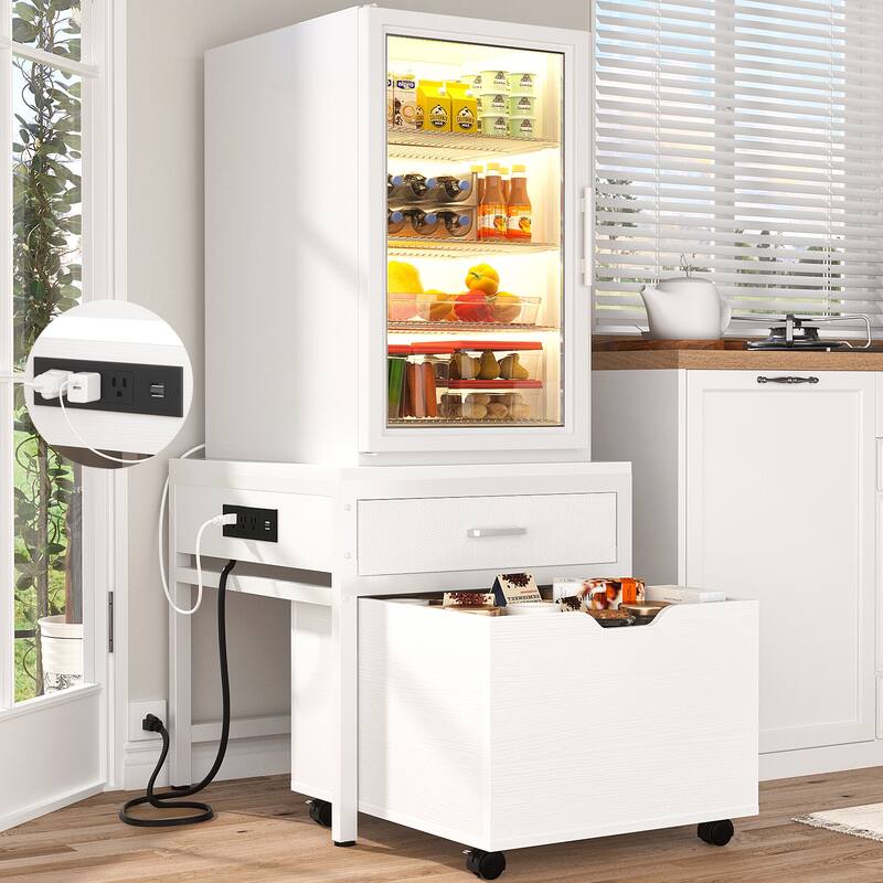 Mini Fridge Stand with Charge Station, Side/ End Table with Storage Drawers and Rolling Cabinet - White