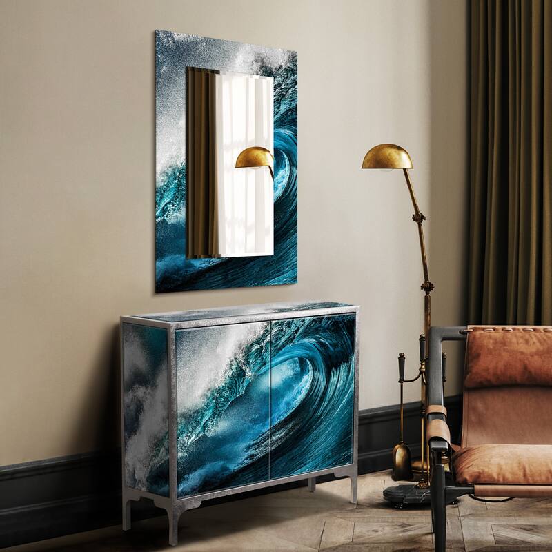 "Sapphire Sea" Reverse Printed Beveled Art Glass Cabinet Console Table and Mirror set - 42" x 37 x 17" & 48" x 32"