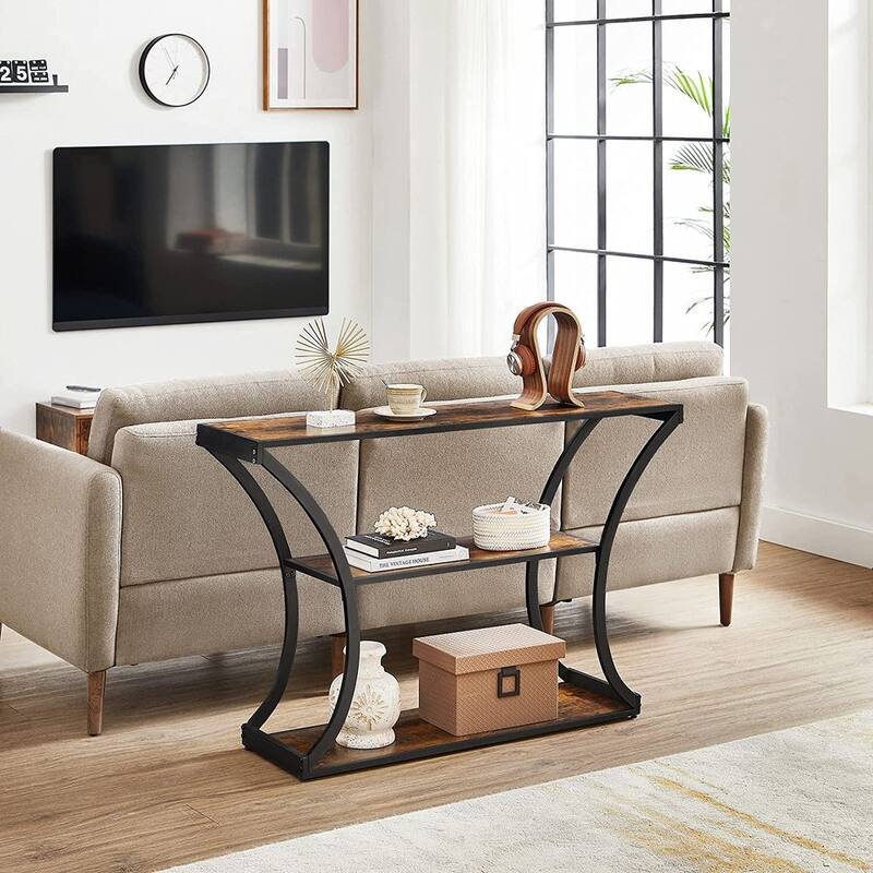 Black Metal Console Table with Curved Frames and 2 Open Wood Shelves for Modern Entryway or Living Room
