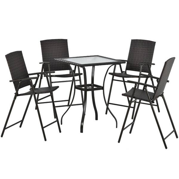 Brown Patio Dining Table Set with Umbrella Hole Foldable Chairs Bed