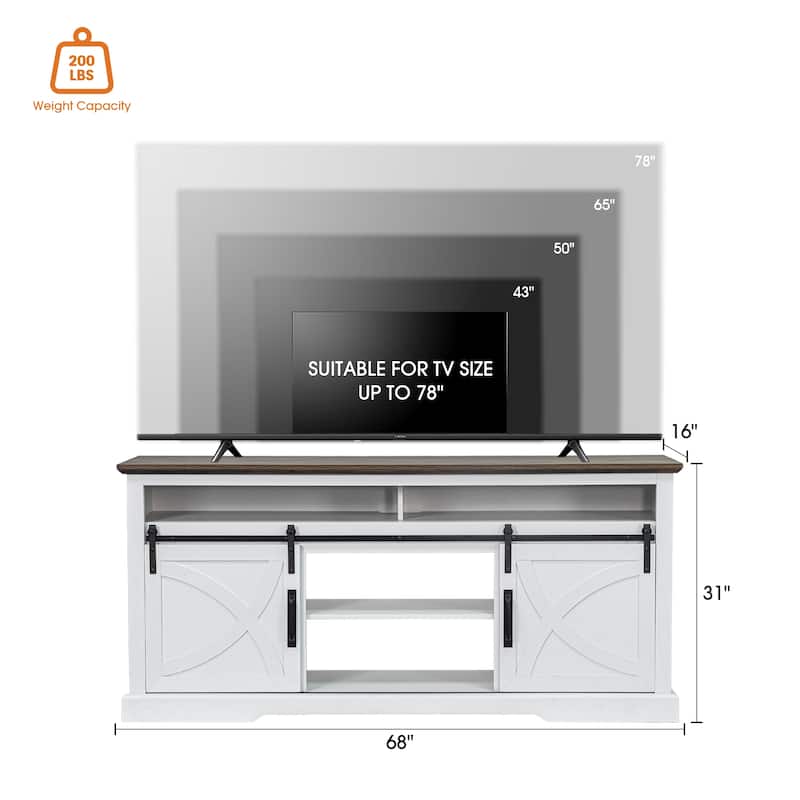 68" Rustic Sliding Barn Door TV Stand White TV Console for 80" TVs