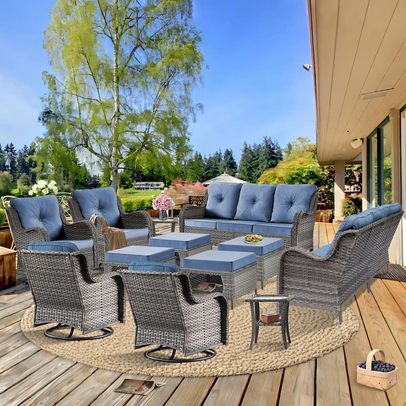 12 Piece Patio Furniture Set Outdoor Wicker Chair Sofa Ottoman Cushion - Blue-Gray Wicker