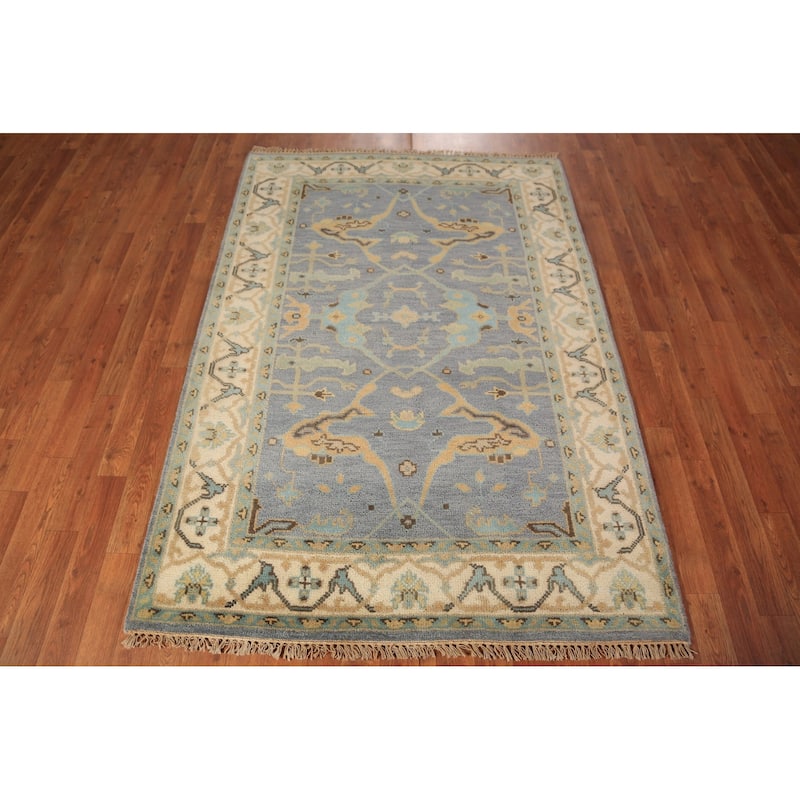 Light Blue Oushak Oriental Rug Handmade Wool Carpet - 4'2"x 5'11"