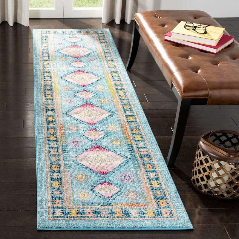 SAFAVIEH Madison Roseann Vintage Boho Diamond Medallion Rug - 2'2" x 8' Runner - Light Blue/Fuchsia