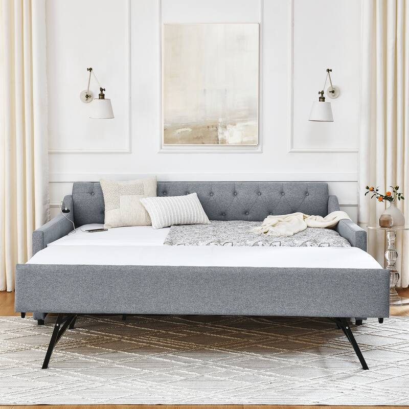 Upholstery Daybed with Erectable Trundle & USB Design