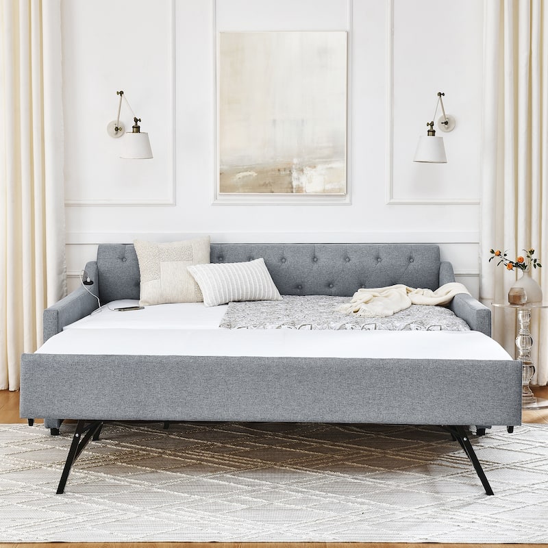 Upholstery Daybed with Twin Size Erectable Trundle and USB Charging Design