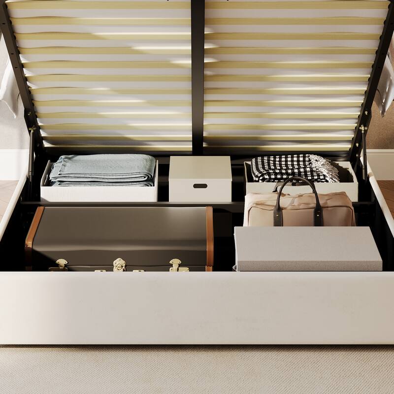 LED Storage Bed with Velvet Upholstery Headboard & Footboard, Beige Full