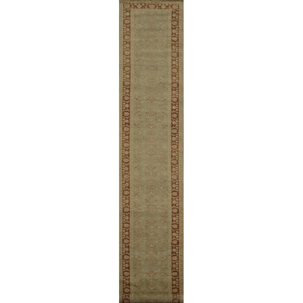 Hand Knotted Oriental 100% Wool Carpet Traditional Floral Green Peshawar Runner Rug - 19' 8'' X 2' 8''