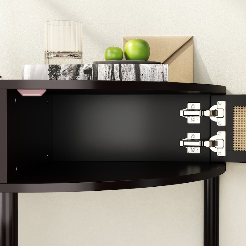 Boho Rattan Semi Circle End Table with Sliding Rattan Door,Elegant Entryway Console with Storage and Bottom Shelf