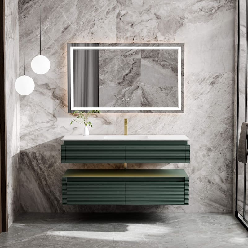 Modland 48" Modern Wall-Mounted Single Sink Bathroom Vanity with Engineered Stone Countertop,Soft-Close Drawers - Green