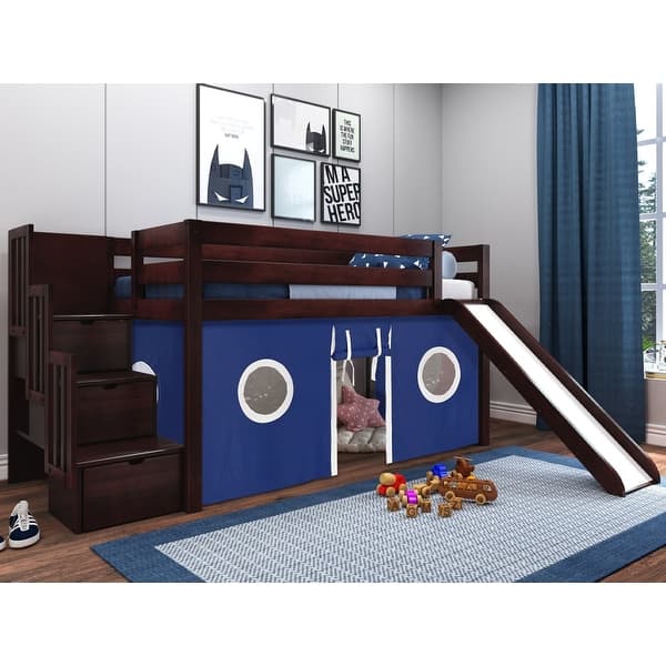 slide 2 of 12, JACKPOT Contemporary Low Loft Twin Bed with Stairway, Slide and Tent