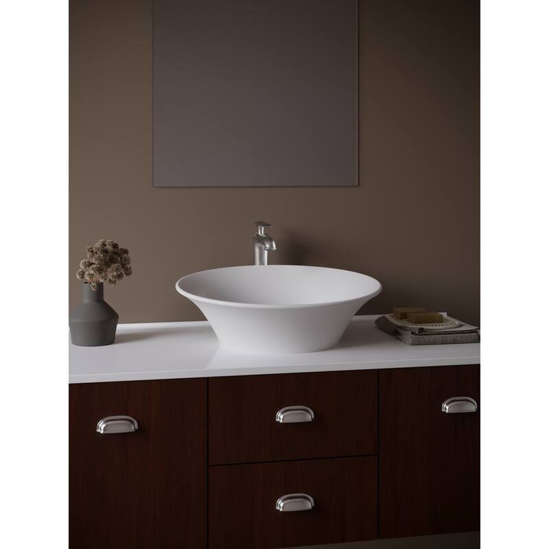 Karran Quattro Matte White Acrylic 21 in. Oval Bathroom Vessel Sink with Faucet and drain in Stainless Steel