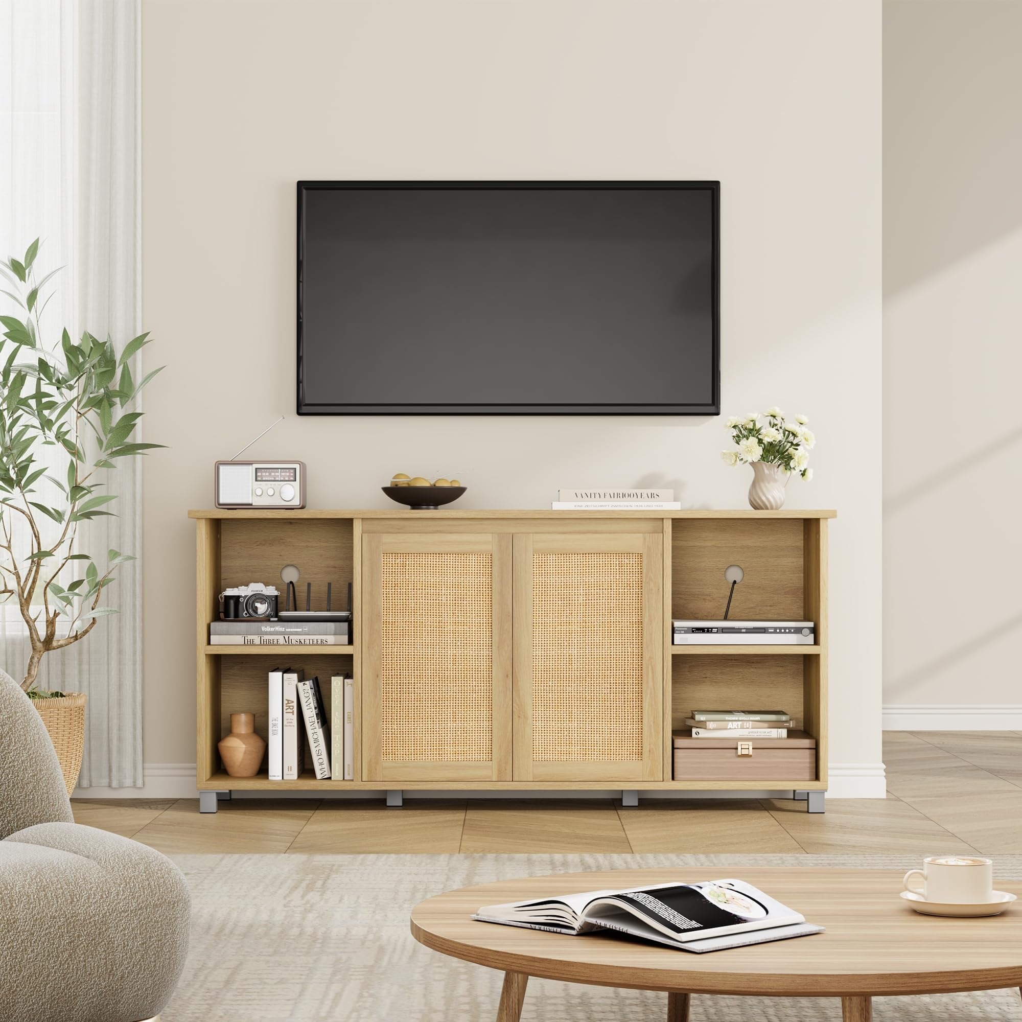 TV Stand for 63 Inch TV, Entertainment Center with Adjustable Shelf, Rattan TV Console with 2 Cabinets