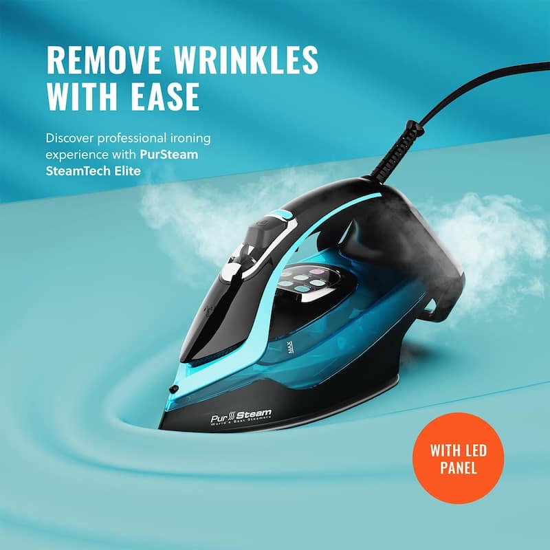 PurSteam SteamTech Elite 1750W Steam Iron, Digital Temp Control & LED Display, Ceramic Soleplate, Self-Clean, Auto Shut-Off
