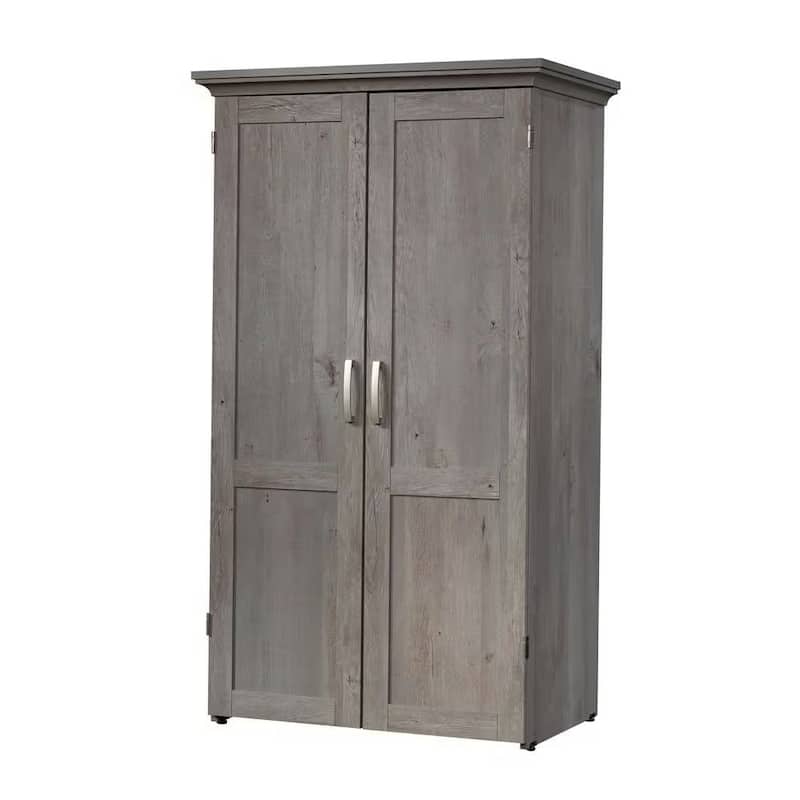 Space-Saving Craft Armoire with Drop Leaf Desk and Adjustable Storage Shelves Power Strip - Grey Oak