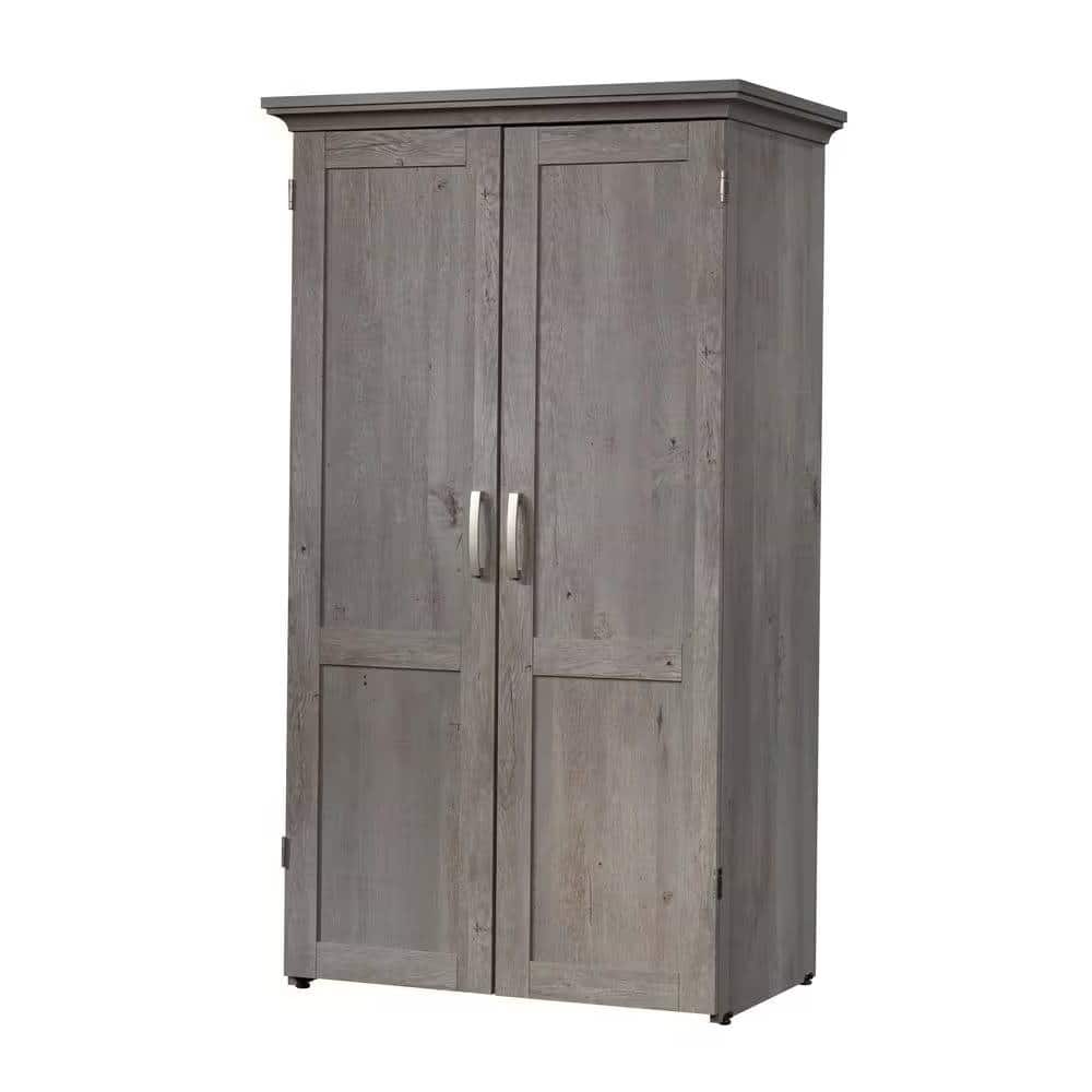 Space-Saving Craft Armoire with Drop Leaf Desk and Adjustable Storage Shelves Power Strip