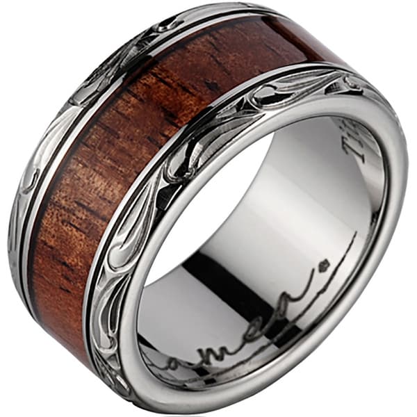 Titanium Wedding Band with Koa Wood Inlay & Leaf Designed Edges 10mm