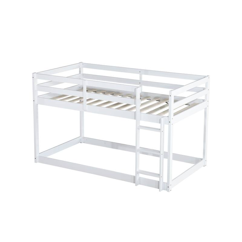 Wooden Twin over Twin Floor Bunk Bed with Ladder, with Bed Platform of Strengthened Slats