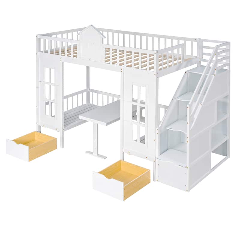 Twin Over Twin Bunk Beds with Stairs, with Desk and Seat Can be Turned ...