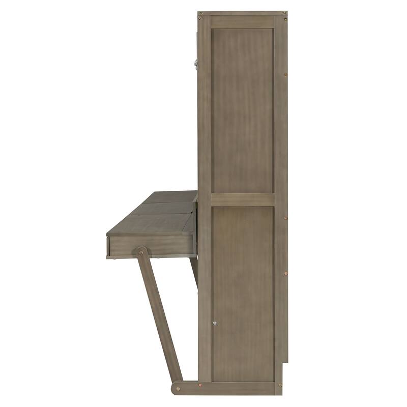 Space-Saving Queen Murphy Bed with Vanity Desk, Mirror & Storage Drawers in Distressed Gray