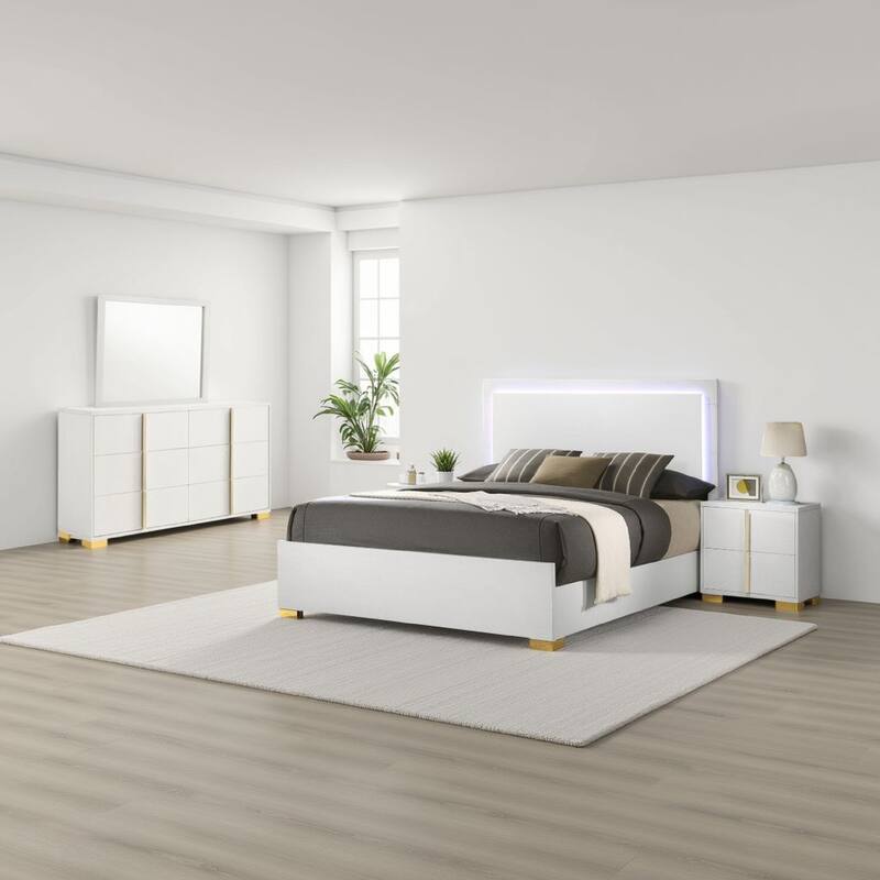 Dex 4 Piece Full Bedroom Set, White, Gold Accents, LED Headboard