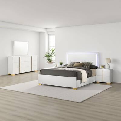 Dex 4 Piece Full Bedroom Set, White, Gold Accents, LED Headboard
