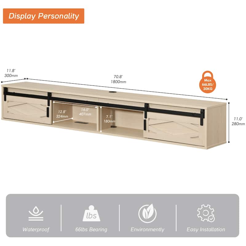 Sliding Barn Door Floating TV Stand with Charging Station