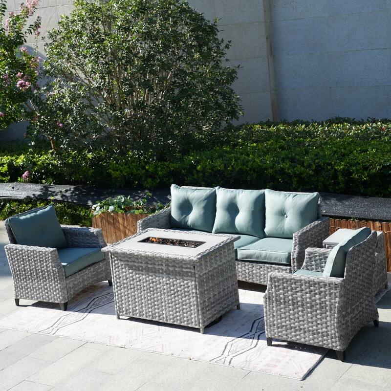 5-Piece Patio Wicker Sofa Set with Firepit Table and Rain cover