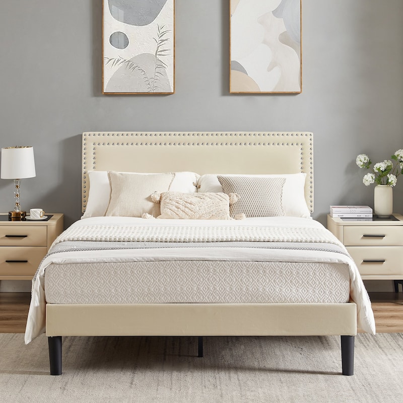 VECELO 3-Pieces Upholstered Platform Bed Frame with Adjustable Headboard and Nightstands Set of 2, Beige