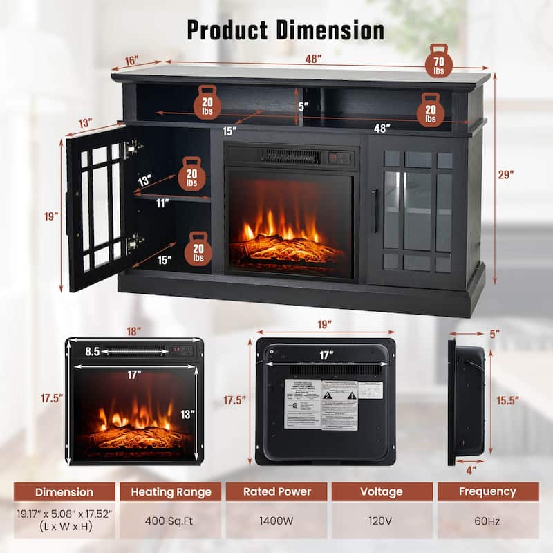 48 Inch Electric Fireplace TV Stand with 2 Side Cabinets and 2 Open Shelves - 48" x 16" x 30" (L x W x H)