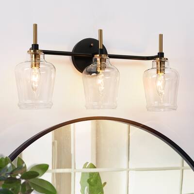 Modern 3-Light Black Gold Bathroom Vanity Light Linear Glass Wall Sconces
