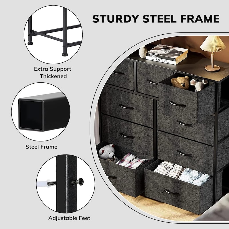 Dresser for Bedroom with 9 Drawers, Anti-Tip Tall Fabric Chests Storage Organizer Tower Furniture with Wooden Top Metal Frame